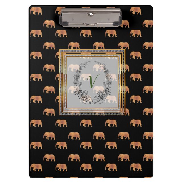 Moderne, stilvolle Monogram Muster Elephants Gold Klemmbrett (Vorderseite)