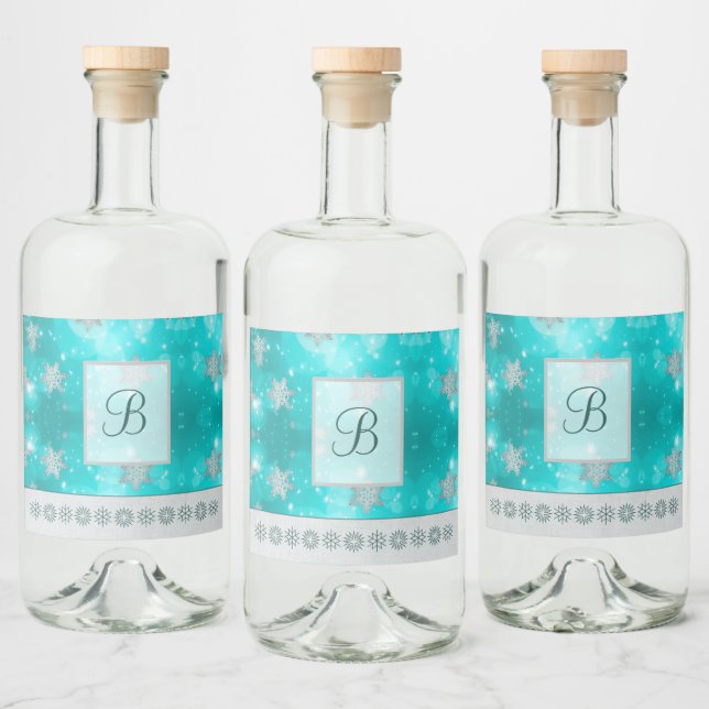 Moderne, stilvolle Monogram-Muster | Schnee-Party Alkoholflaschenetikett (Flaschen)
