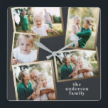 Moderne, stilvolle Multi-Foto-Wohngestaltung Quadratische Wanduhr<br><div class="desc">Moderne goldene Multi-Foto Familienurlaubskarte.</div>