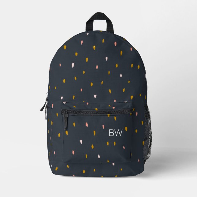 Moderne, stilvolle Navy Blue Muster Monogram Initi Bedruckter Rucksack (Vorderseite)