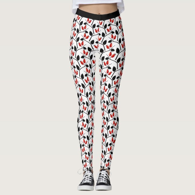 Moderne, stilvolle Red Black Rose Hips Pattern Yog Leggings (Vorderseite)