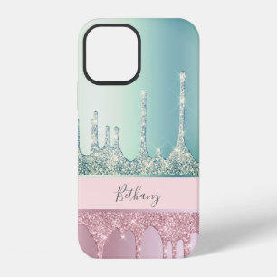 Moderne stilvolle rosa Gold- und Minz-Glitter-Trop iPhone 12 Hülle