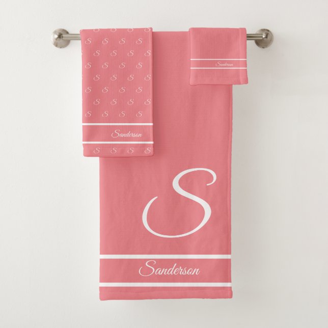 Moderne, stilvolle Rose Rosa Weiße Monogramm Badhandtuch Set (Insitu)