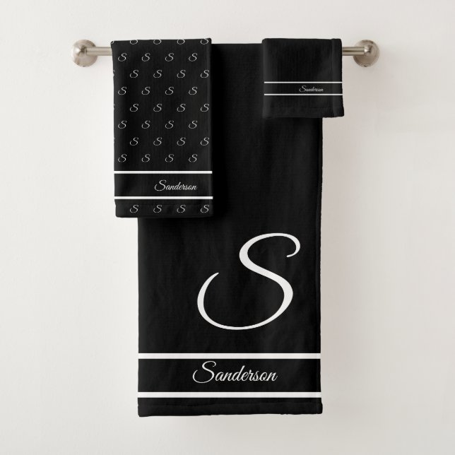 Moderne, stilvolle Schwarz-Weiß-Monogramm Badhandtuch Set (Insitu)
