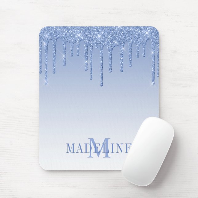 Moderne stilvolle staubblaue Monogramm-Glitter Mousepad (Mit Mouse)