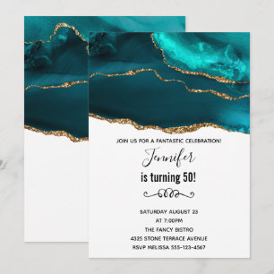 Moderne stilvolle Teal-Gold- und Weiß-Achat-Geburt Einladung