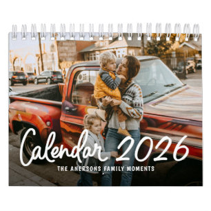 Moderne stilvolle trendige Skript-Familienfoto-Mon Kalender