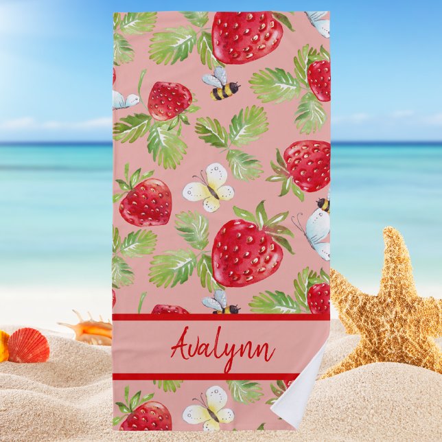 Moderne, stilvolle Trendy Girly Strawberry & Bee Strandtuch (Von Creator hochgeladen)
