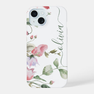 Moderne stilvolle Wasserfarbe-Floralmonogramm iPhone 15 Hülle