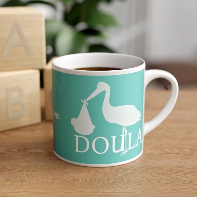 Moderne Stork-Silhouette Aquamarin Doula Espresso  Espressotasse (A cute teal and white stork silhouette espresso cup with space for your name. )