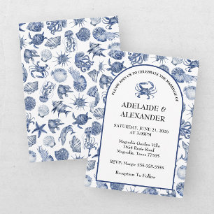 Moderne Strand Küsten Aquarell Hochzeit Blau Einladung