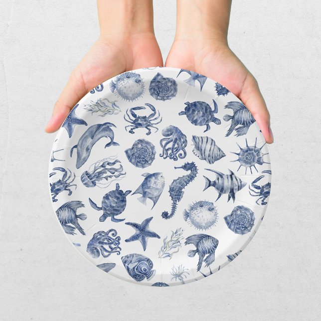 Moderne Strand Küstenwasserfarbe Hochzeit Blau Pappteller (Von Creator hochgeladen)