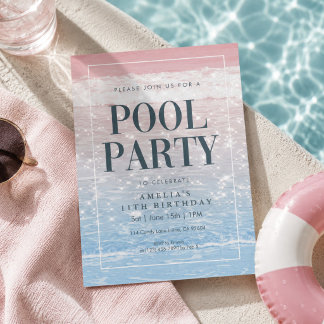Moderne Strand-Pink- und Blau-Foto-Poolparty Einladung