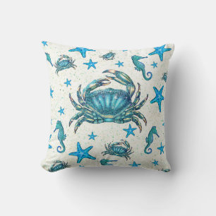 Moderne Strandblaue Krabbe Seestern Seepferdchen G Kissen