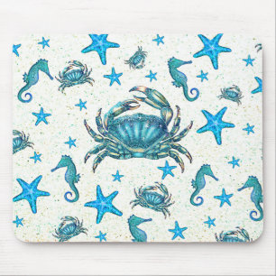 Moderne Strandblaue Krabbe Seestern Seepferdchen G Mousepad