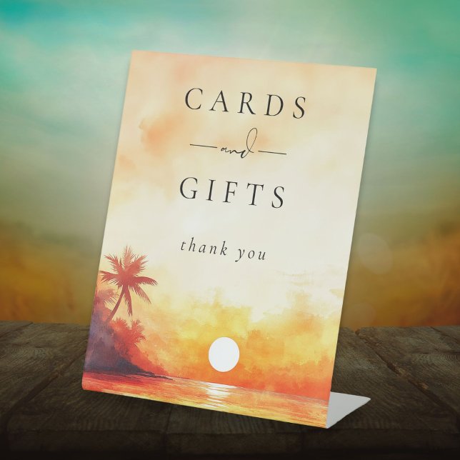 Moderne Strandkarten und Geschenke für Sonnenunter Sockelschild (Modern Watercolor Beach Sunset Cards And Gifts Pedestal Sign)