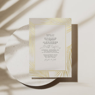 Moderne Strandpalmen-Hochzeit Elfenbein Gold Folieneinladung