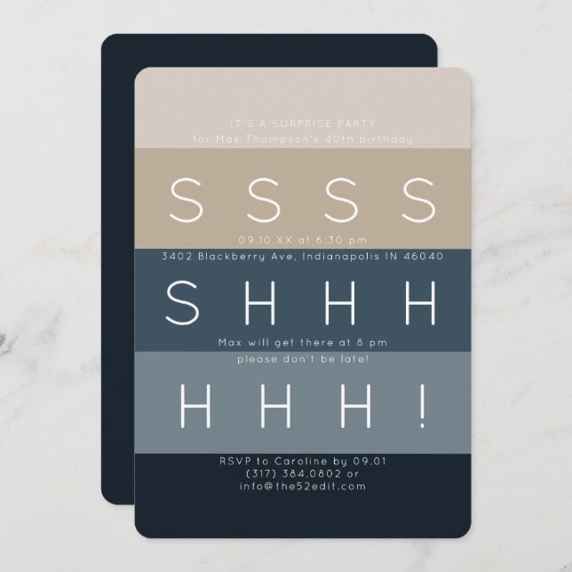 Moderne Streifen Blaues überraschendes Party Einladung (Vorne/Hinten)