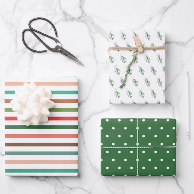 Moderne Streifen Dots und Pine Weihnachtsfeiertag Geschenkpapier Set (Vorderseite)
