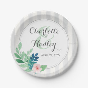 Moderne Streifen Florale Wasserfarbe Boho-Hochzeit Pappteller