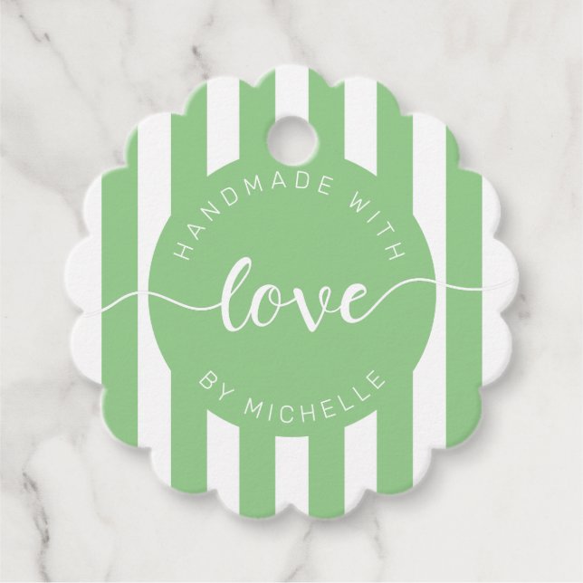 moderne Streifen handgefertigt mit Liebe Monogramm Geschenkanhänger (Vorderseite)