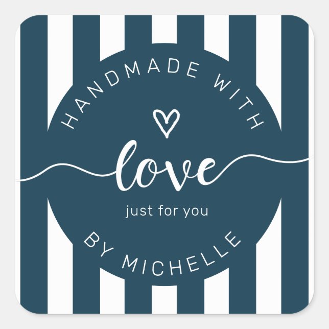 moderne Streifen handgefertigt mit Liebe Monogramm Quadratischer Aufkleber (Vorderseite)