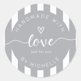 moderne Streifen handgefertigt mit Liebe Monogramm Runder Aufkleber