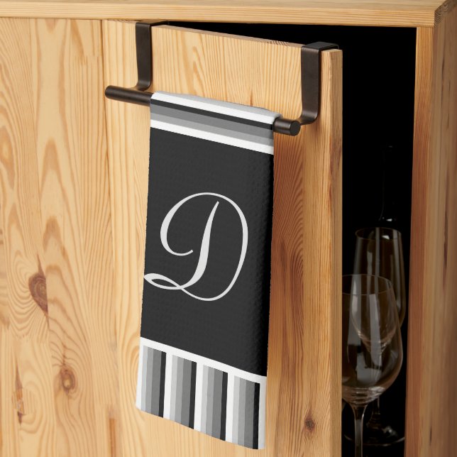 Moderne Streifen in Schwarz, Weiß und Grau - Monog Geschirrtuch (Drittel gefaltet)