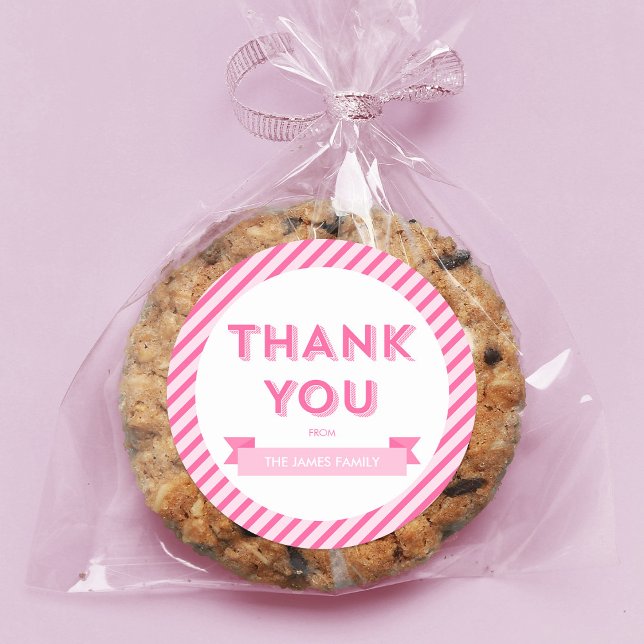 Moderne Streifen Pink Babydusche Danke Runder Aufkleber (Von Creator hochgeladen)