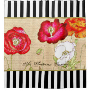 Moderne Streifen-Vintage rote Mohnblumen mit Duschvorhang