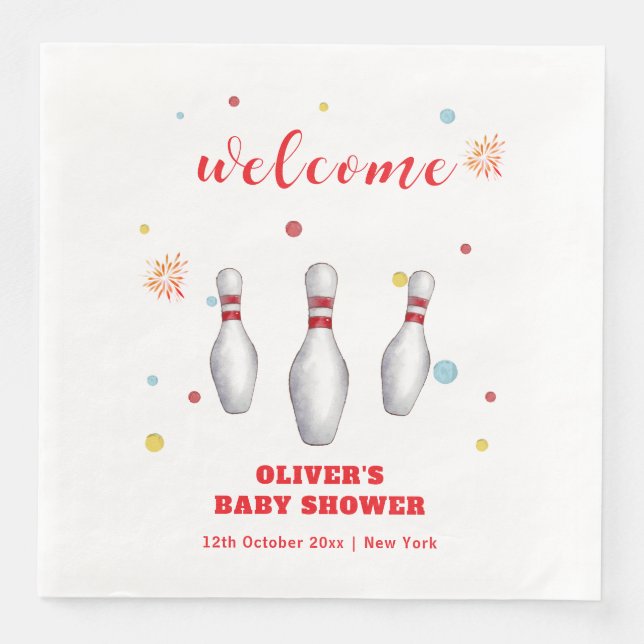 Moderne Strike Up Bowling Baby Shower Begrüßung Serviette (Vorderseite)