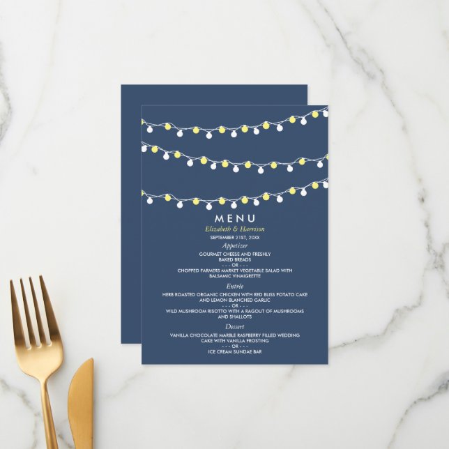 Moderne String Lights, Gelb & Weiß Wedding Menükarte (Vorderseite/Rückseite Beispiel)