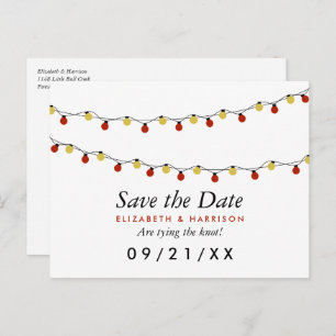 Moderne String Lights, Red & Gold Save the Date Ankündigungspostkarte