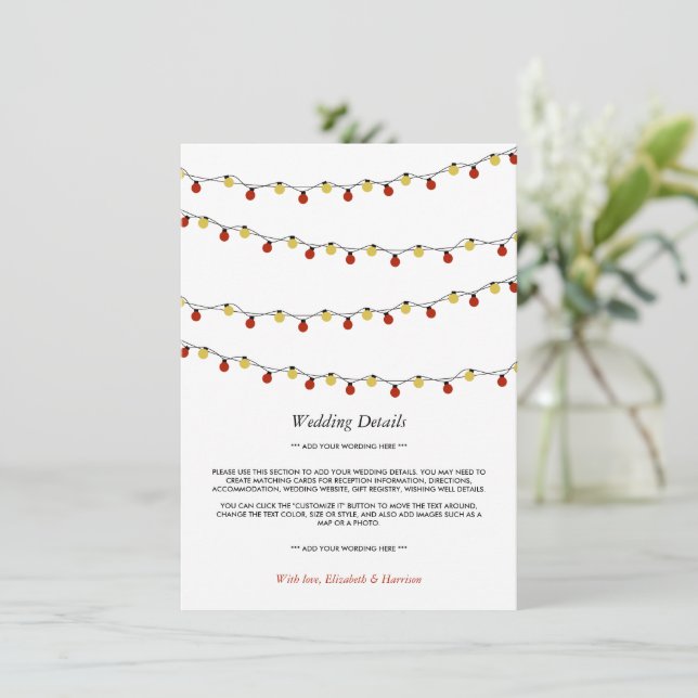 Moderne String Lights, Red & Gold Wedding Detail Begleitkarte (Stehend Vorderseite)
