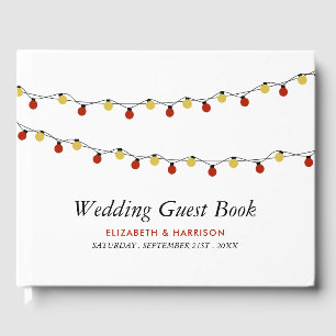 Moderne String Lights, Red & Gold Wedding Gästebuch