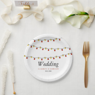 Moderne String Lights, Red & Gold Wedding Pappteller