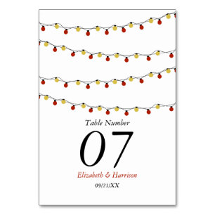Moderne String Lights, Red & Gold Wedding Tischnummer