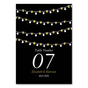 Moderne String Lights, White & Gold Wedding Tischnummer