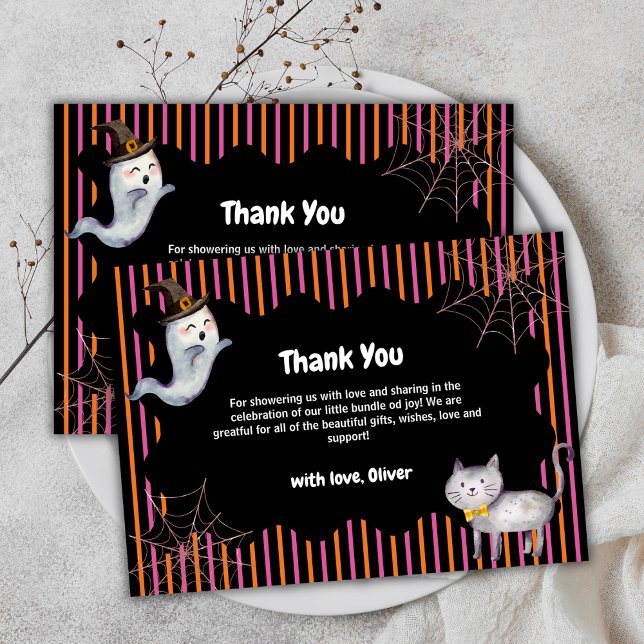 Moderne Stripe Little Boo Ghost Cat Baby Dusche Dankeskarte (Modern Stripe Little Boo Ghost Cat Baby Shower Thank You Card)