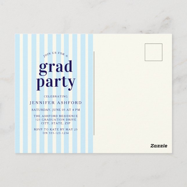 Moderne Stripes Navy Blue Foto Graduation Party Postkarte (Rückseite)