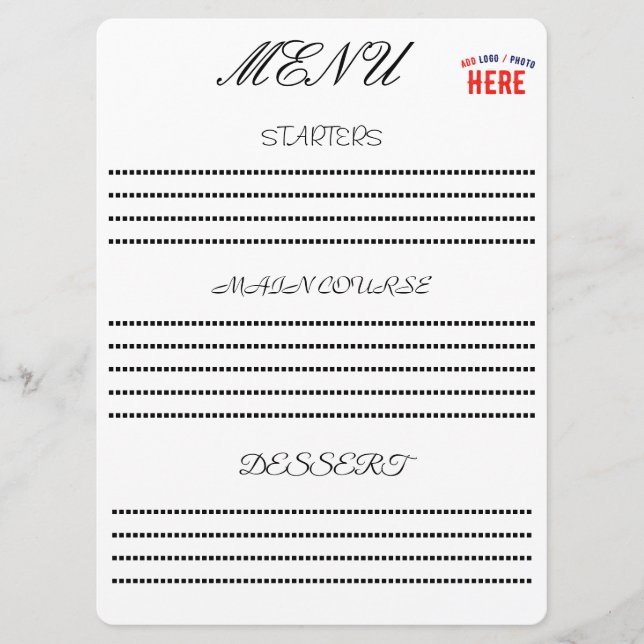 MODERNE, STYLISCH ZOLLBARE WEISSE, ÜBERPRÜFT MARKI MENÜKARTE (Vorderseite)