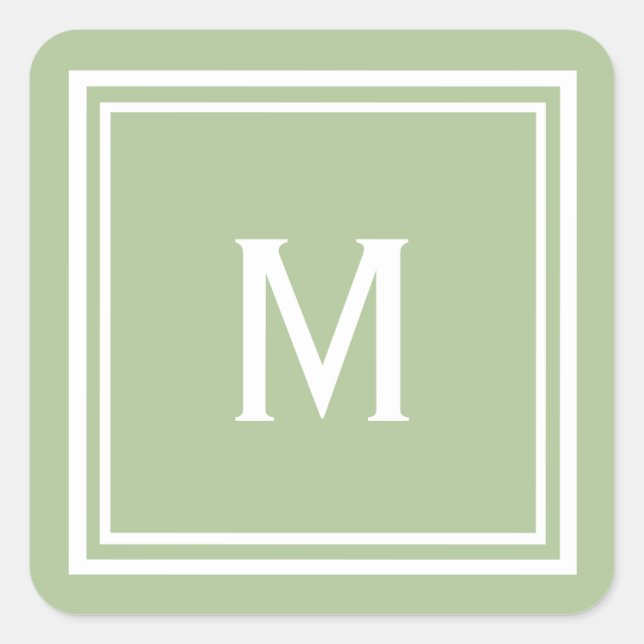 Moderne, stylische Sage Green Custom Monogram Quadratischer Aufkleber (Vorderseite)