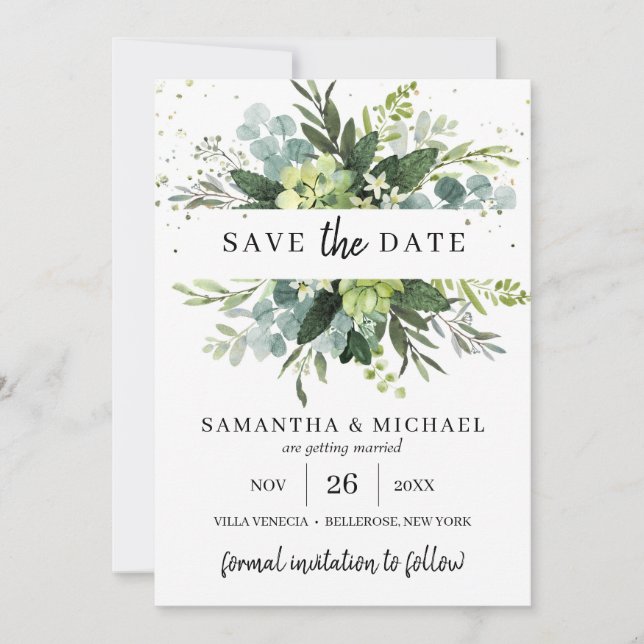 Moderne sukkulente Blätter Hochzeit speichern die  Save The Date (Vorderseite)