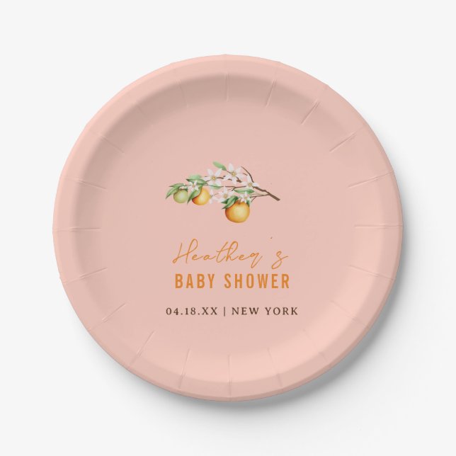 Moderne Summer Orange Citrus Baby Dusche Pappteller (Vorderseite)
