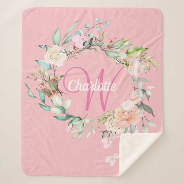 Moderne Summer Rose Rosa Initial Script Monogram Sherpadecke (Vorderseite)