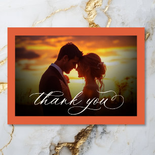 Moderne Sunset Orange Script Minimal Foto Hochzeit Dankeskarte