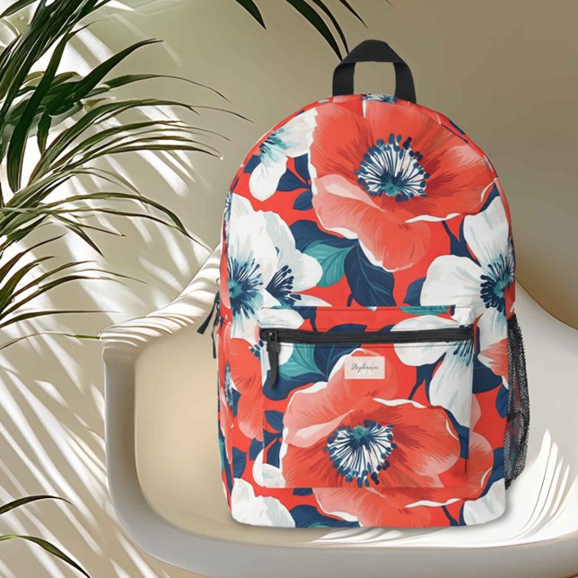 Moderne Supergroße Blumenblauer und Rote Monogramm Bedruckter Rucksack (Add a splash of elegance and energy to your day with this vibrant coral floral backpack. )
