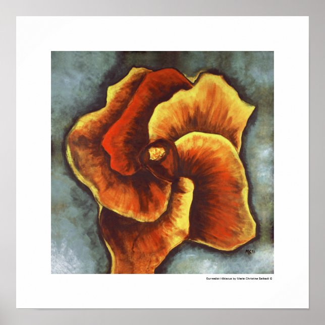 Moderne Surreal Yellow Orange Hibiskus Blume Grau Poster (Vorne)