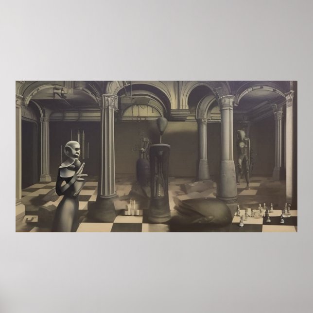 Moderne surrealistische abstrakte Schachfiguren Poster (Vorne)