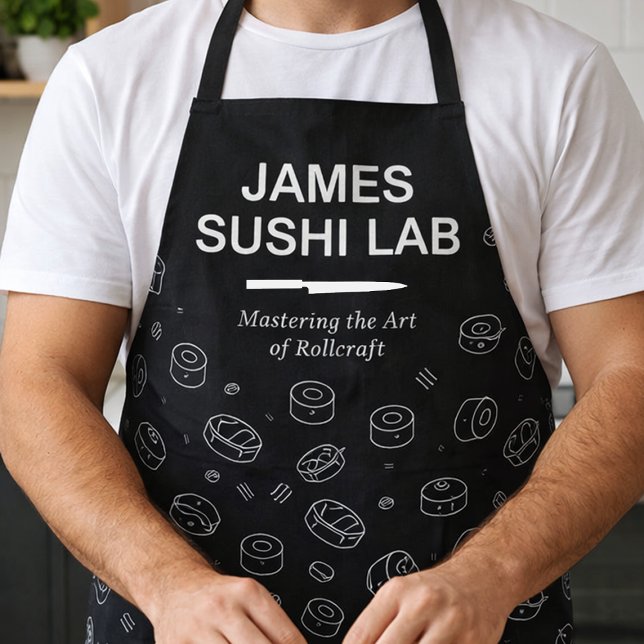 Moderne Sushi-Rolling-Muster mit kulinarischer Typ Schürze (Personalized sushi lab apron with custom name and sushi icons)